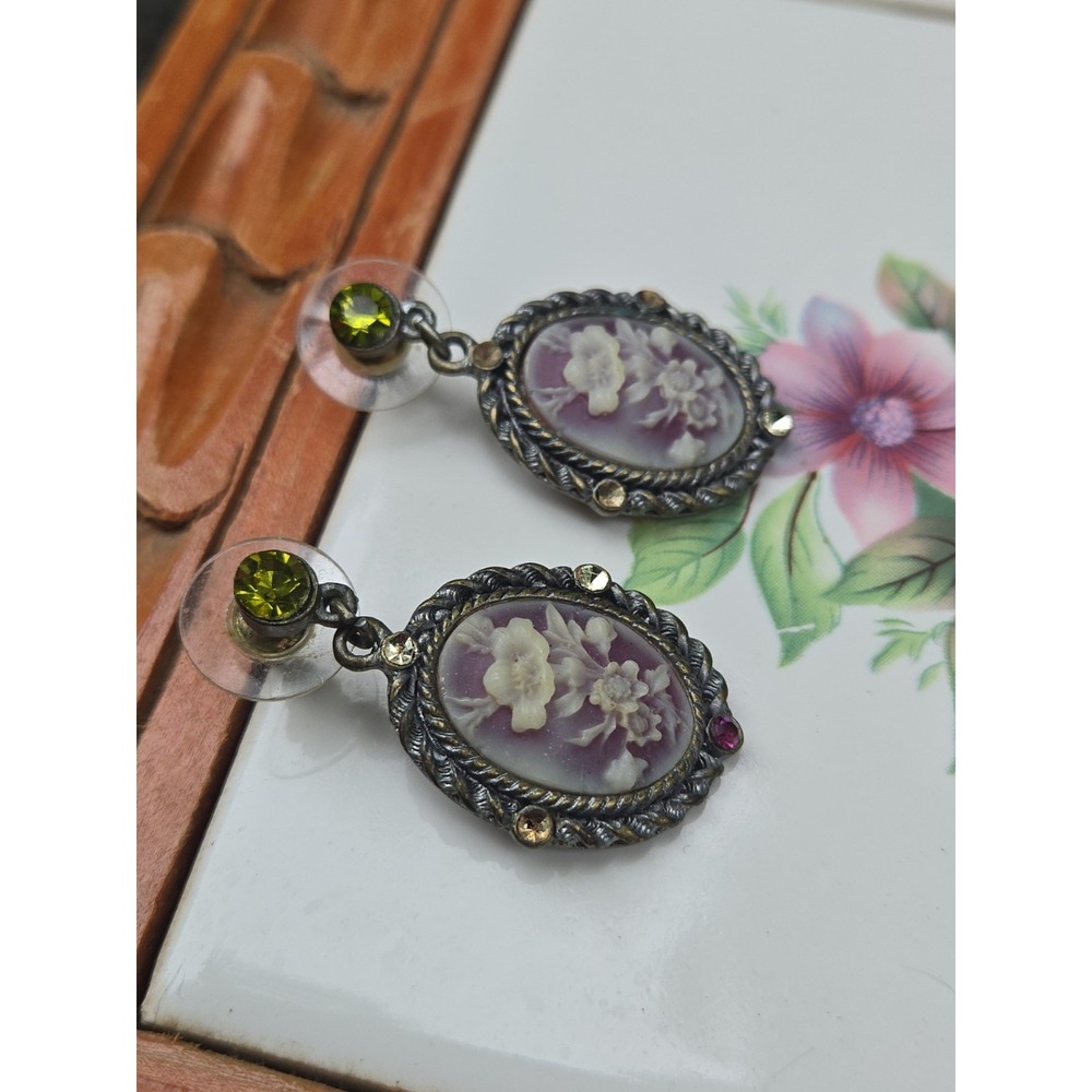 CAMEO Dangle EARRINGS w/ Rhinestone, Vintage Retro Style Silver Tone Metal
